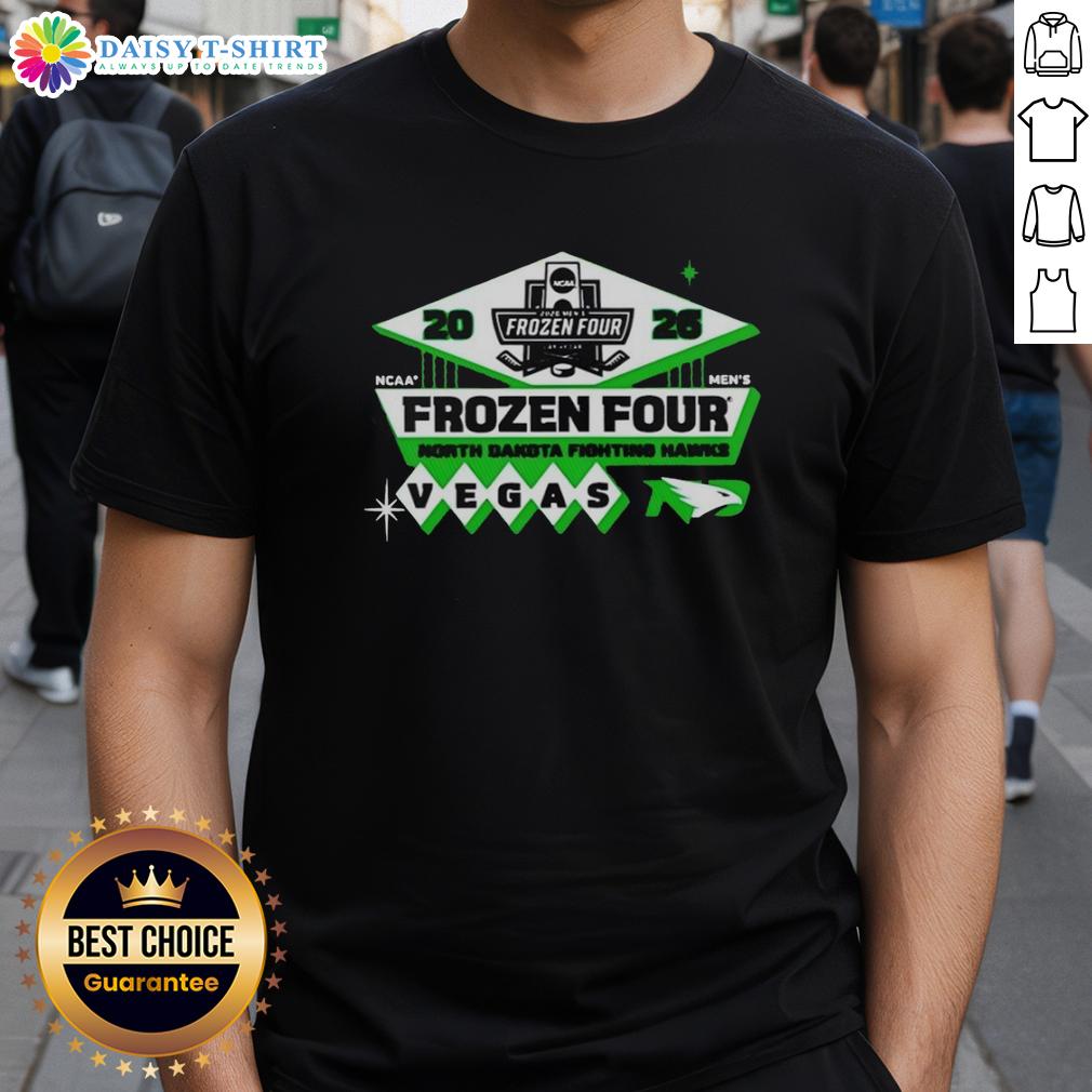 Top North Dakota Fighting Hawks Men's Hockey 2026 NCAA Frozen Four Vegas Logo T-Shirt Alt Text: Top North Dakota Fighting Hawks Men's Hockey 2026 NCAA Frozen Four Vegas logo T-shirt showcasing team pride.