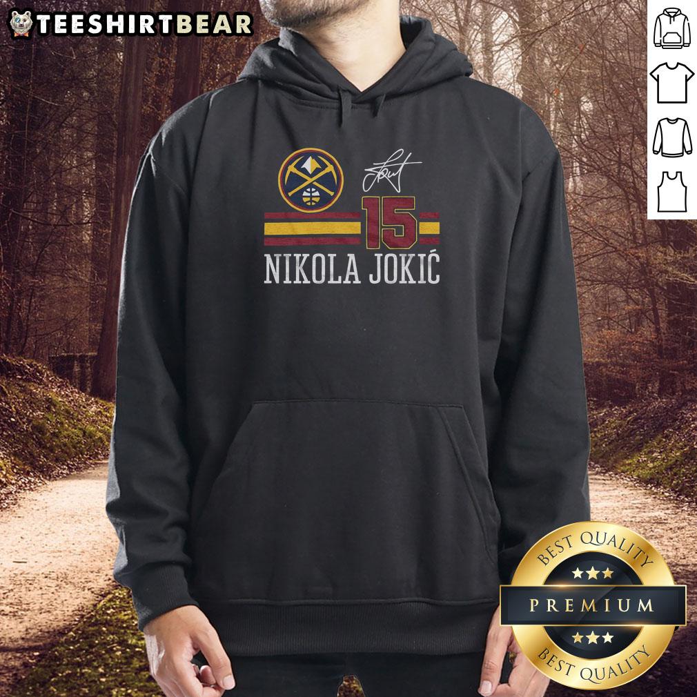 top-nuggets-nikola-jokic-signature-jersey-hoodie Alt Text: Nikola Jokic Signature Jersey Hoodie featuring Denver Nuggets logo, perfect for fans and collectors.