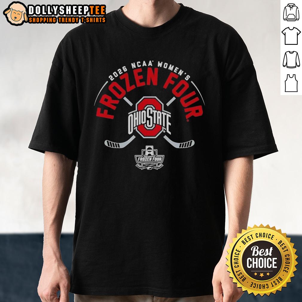 Top Ohio State Buckeyes Ncaa Women’S Ice Hockey 2026 Frozen Four Logo T Shirt Alt Text: Ohio State Buckeyes NCAA Women's Ice Hockey 2026 Frozen Four logo t-shirt featuring vibrant team colors and design.