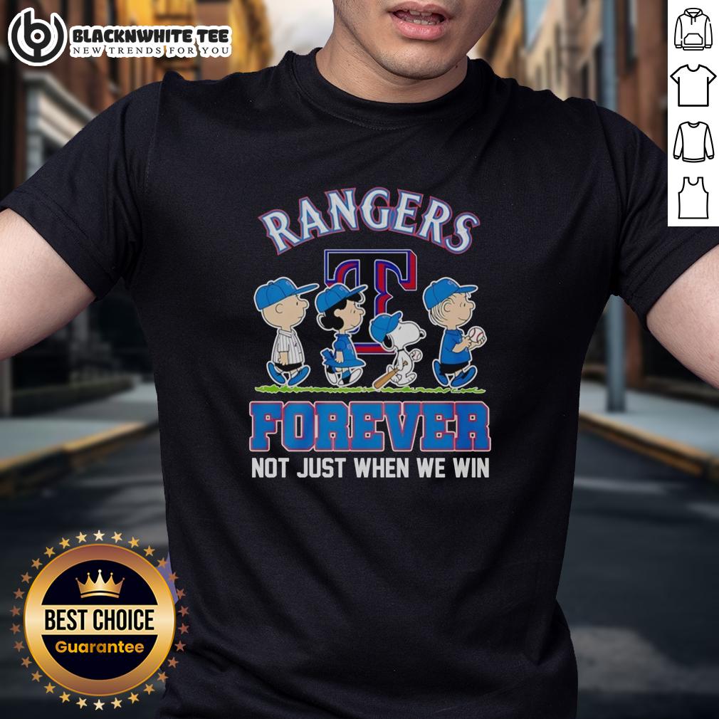 Top Peanuts Characters X Texas Rangers Mlb Forever Not Just When We Win T Shirt Alt Text: Top Peanuts characters on a Texas Rangers MLB t-shirt: 'Forever Not Just When We Win' design, perfect for fans.