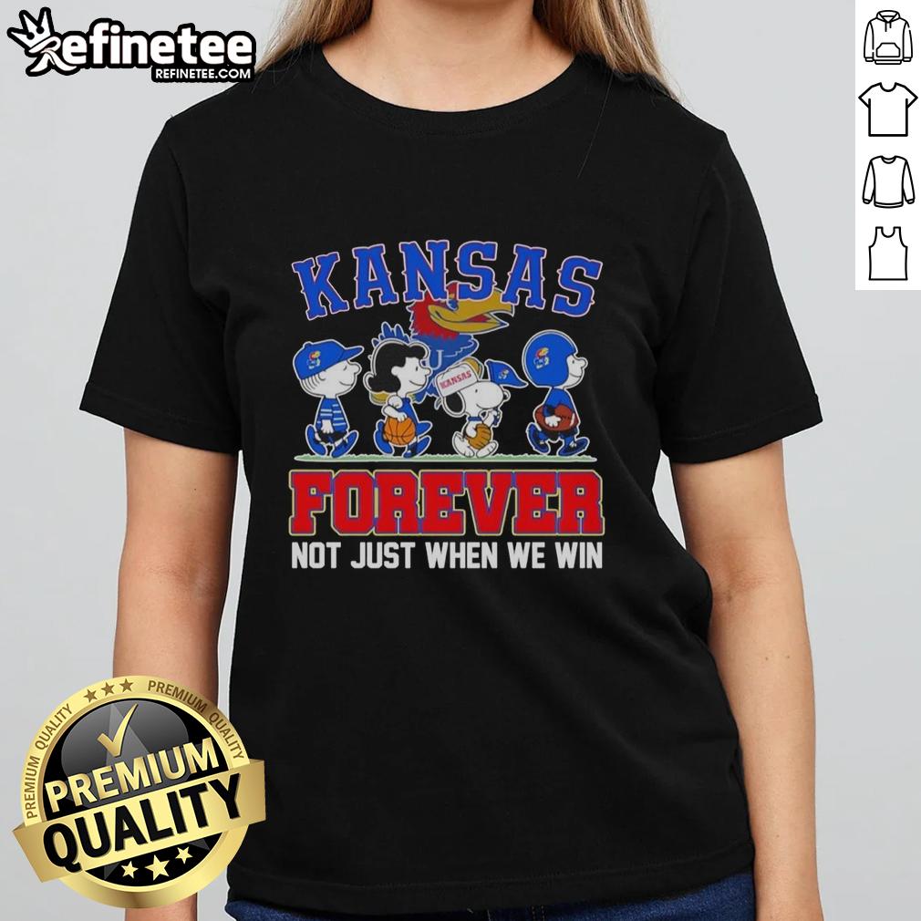 top-peanuts-x-kansas-jayhawks-forever-fan-not-just-when-we-win-cartoon-characters-ladies-tee Cartoon characters on a ladies tee featuring 'Top Peanuts X Kansas Jayhawks Forever Fan' design, perfect for loyal fans.