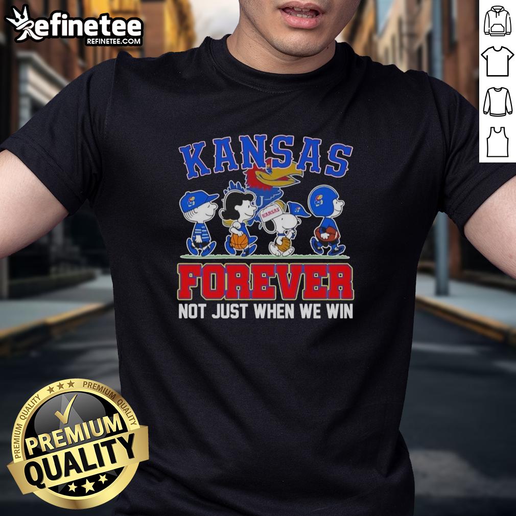 top-peanuts-x-kansas-jayhawks-forever-fan-not-just-when-we-win-cartoon-characters-t-shirt Alt Text: Top Peanuts X Kansas Jayhawks Forever Fan T-Shirt featuring cartoon characters, perfect for loyal fans.
