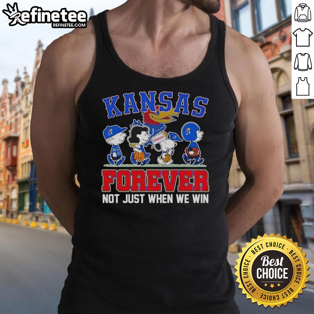 top-peanuts-x-kansas-jayhawks-forever-fan-not-just-when-we-win-cartoon-characters-tank-top Alt Text: Cartoon characters wearing a tank top featuring 'Top Peanuts x Kansas Jayhawks Forever Fan' design for loyal fans.