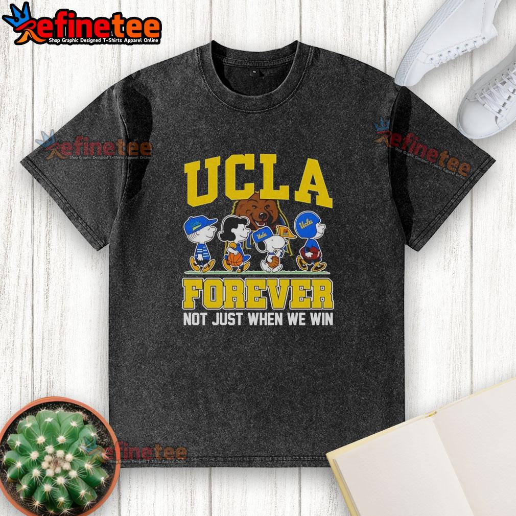 top-peanuts-x-ucla-bruins-forever-fan-not-just-when-we-win-cartoon-characters-washed-t-shirt Alt Text: Top Peanuts x UCLA Bruins Forever Fan cartoon characters on a washed t-shirt, celebrating team spirit and loyalty.