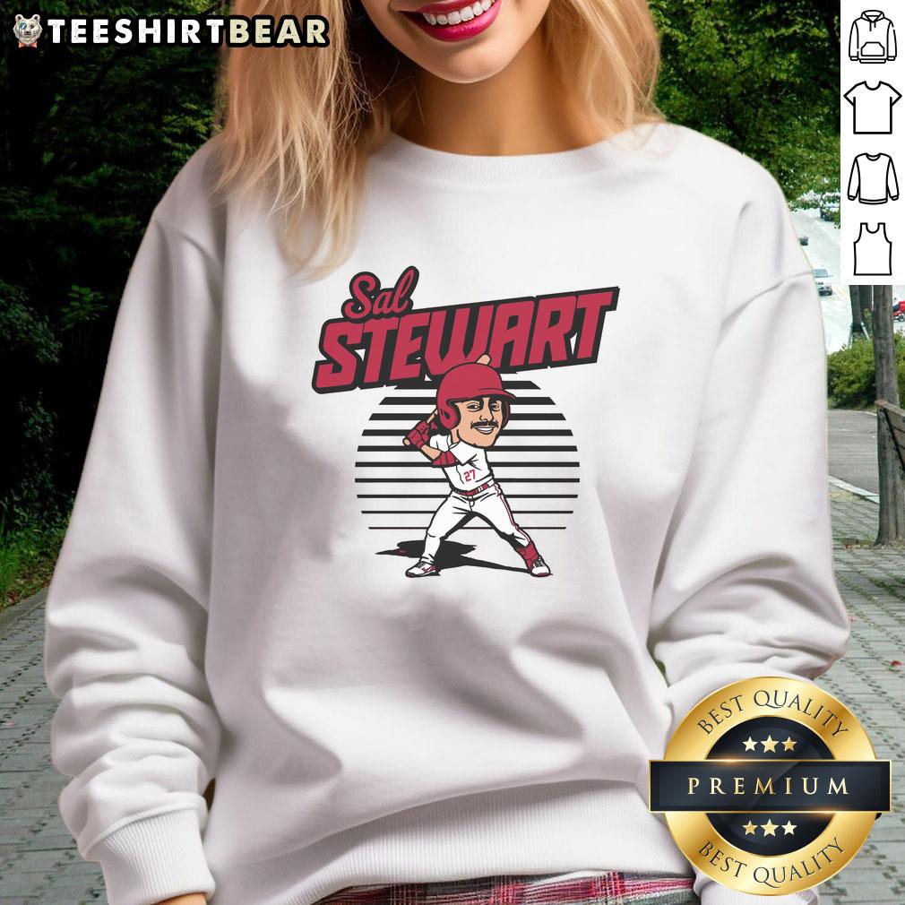 top-sal-stewart-caricature-toon-sweatshirt Top Sal Stewart caricature toon sweatshirt featuring a colorful cartoon design of the popular baseball player.