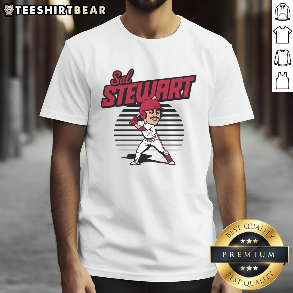 top-sal-stewart-caricature-toon-t-shirt Colorful caricature of Sal Stewart on a trendy toon T-shirt, perfect for fans and collectors of unique graphic apparel.