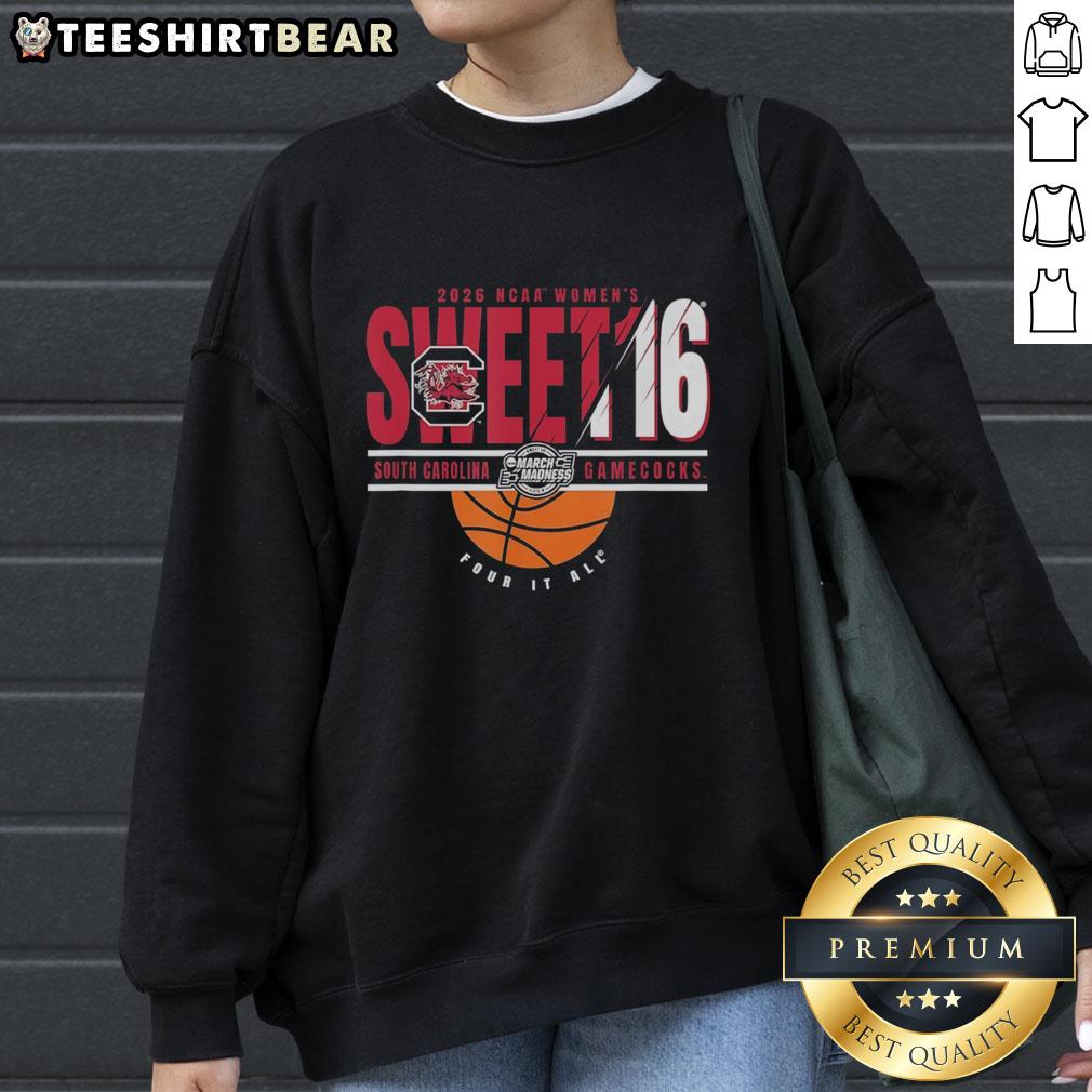 top-south-carolina-gamecocks-ncaa-womens-march-madness-sweet-16-2026-sweatshirt Alt Text: Cozy South Carolina Gamecocks NCAA Women's March Madness Sweet 16 2026 sweatshirt displayed on a wooden background.