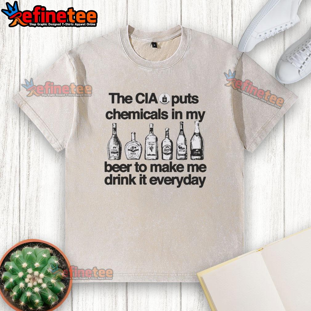 top-the-cia-puts-chemicals-in-my-wir-beer-to-make-me-drink-it-everyday-vintage-washed-t-shirt Vintage washed t-shirt featuring the phrase The CIA Puts Chemicals In My Beer for a humorous, conspiracy-themed style.
