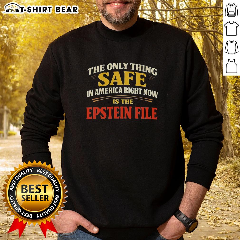 Top The Only Thing Safe In America Right Now Is The Epstein File Sweatshirt Top view of 'The Only Thing Safe in America Right Now is The Epstein File' sweatshirt, showcasing its bold design and message.