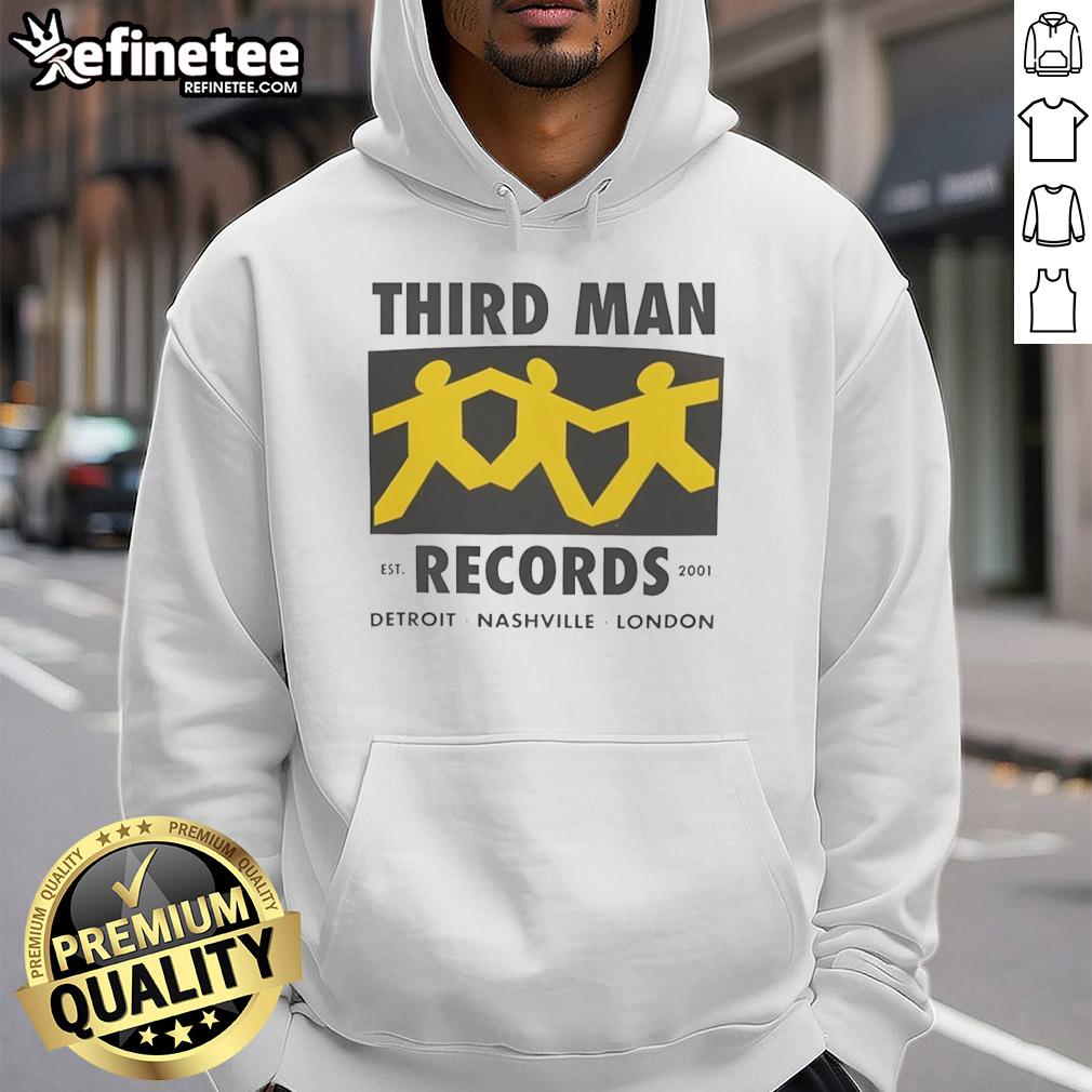 top-third-man-records-detroit-nashville-london-est-2001-hoodie Alt Text: Top Third Man Records hoodie featuring Detroit, Nashville, London established 2001 design, perfect for music fans.