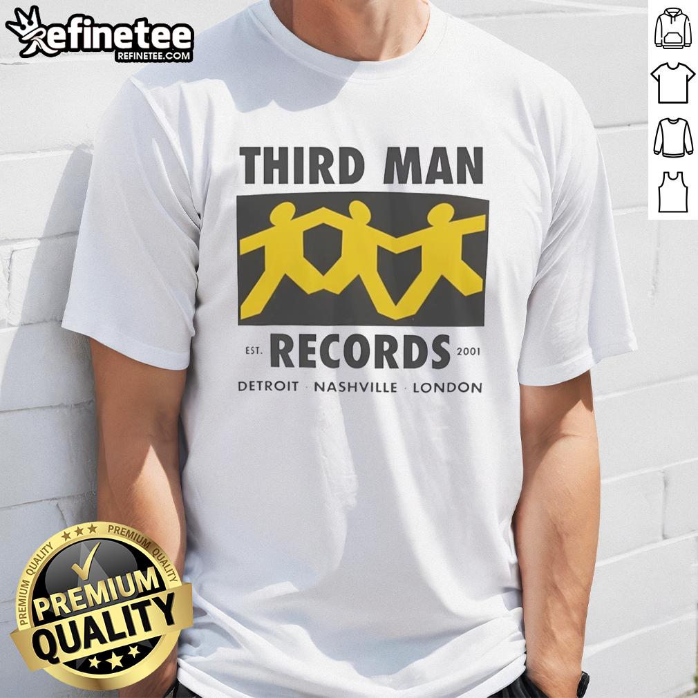 top-third-man-records-detroit-nashville-london-est-2001-t-shirt Alt Text: Top Third Man Records Detroit Nashville London Est 2001 T-Shirt featuring iconic logo and city names.
