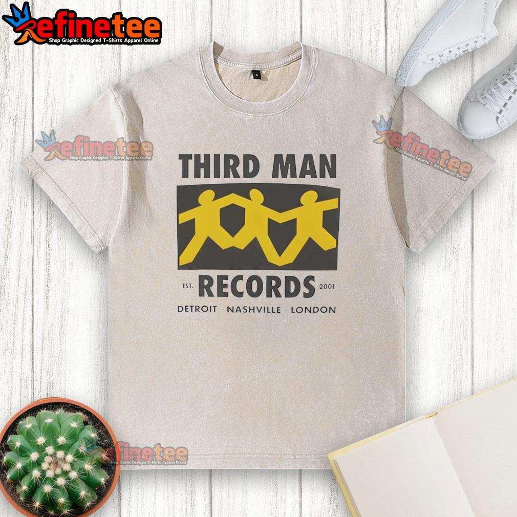 top-third-man-records-detroit-nashville-london-est-2001-washed-t-shirt Top Third Man Records washed t-shirt featuring Detroit, Nashville, and London established 2001 design.