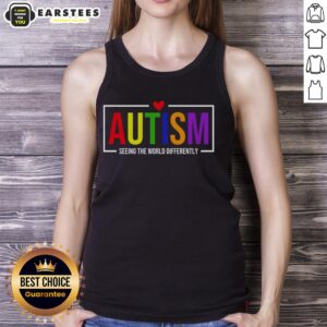 Alt Text: Good Autism Seeing The World Differently tank top featuring colorful graphics and an inspirational message.