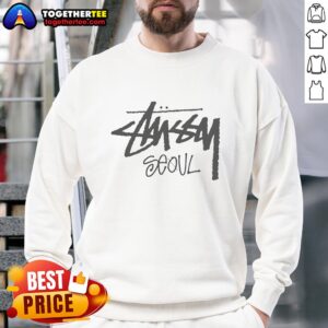 Top Stussy Seoul logo sweatshirt featuring a bold graphic design, perfect for streetwear enthusiasts and fashion lovers.