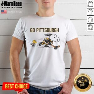 Pretty Snoopy and Woodstock cheer for Pittsburgh Penguins on a vibrant Go Pittsburgh T-Shirt design.