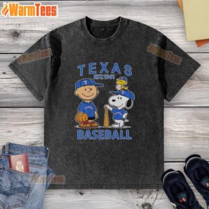 Alt Text: Charlie Brown, Snoopy, and Woodstock wearing a Texas Rangers baseball jersey est. 1961 on a washed t-shirt.
