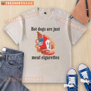Alt Text: Awesome hot dogs are just meat cigarettes washed t-shirt design featuring bold graphics and vibrant colors.