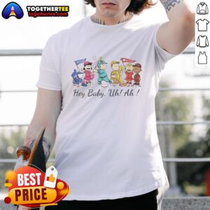 Alt Text: Awesome Snoopy Peanuts and Friends Hey Baby Uh Ah T-Shirt featuring colorful graphics of beloved characters.