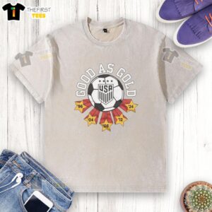 Premium USWNT Good As Gold washed t-shirt featuring a stylish design for soccer fans, perfect for casual wear.