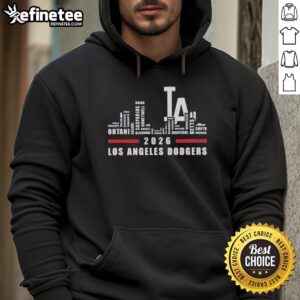 Los Angeles Dodgers 2026 Greatest of All Time Players hoodie with city skyline design, perfect for baseball fans.