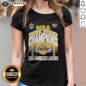 Alt Text: Official Los Angeles Lakers 2026 Pacific Division Champions locker room ladies tee showcasing team pride and style.