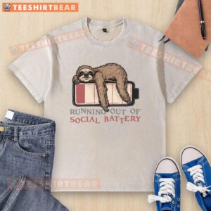 Funny running out of social battery washed t-shirt featuring a quirky design for introverts and humor lovers.