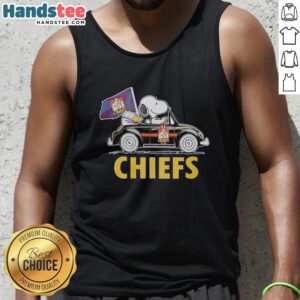 Alt Text: Original Snoopy and Woodstock driving a car, cheering for Gallagher Chiefs on a stylish tank top.