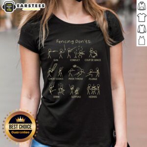Funny stickman illustration on a ladies tee showcasing good fencing don'ts for humor and style in fencing apparel.