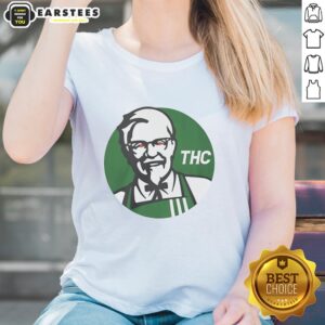 Alt Text: Awesome KFC X THC logo on a funny ladies tee, blending humor and style for cannabis enthusiasts.