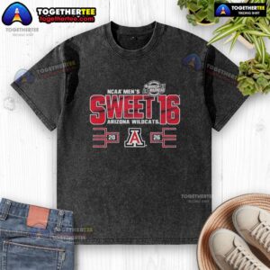 Arizona Wildcats NCAA Men's Sweet 16 2026 March Madness washed t-shirt featuring team colors and logo.
