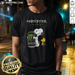 Top Snoopy and Woodstock X Monster Energy T-shirt featuring vibrant graphics of the iconic duo and Monster Energy logo.