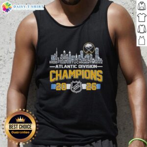 Buffalo Sabres 2026 NHL Atlantic Division Champions tank top featuring players and city skyline design.