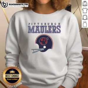 Alt Text: Pittsburgh Maulers USFL helmet and wordmark sweatshirt, featuring team colors and logo for fans.