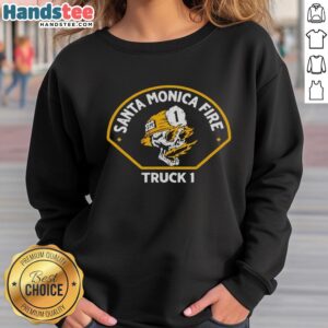 Hot Santa Monica Fire Tiller Truck sweatshirt featuring a vibrant design of a fire truck in action.