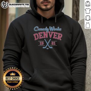 Alt Text: Awesome Comedy Works Denver Pioneers Est 1981 hoodie featuring a stylish design for comedy fans.