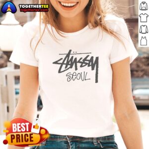 Alt Text: Top Stussy Seoul logo ladies tee featuring a stylish design, perfect for casual wear and street fashion enthusiasts.