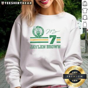 Alt Text: Jaylen Brown signature sweatshirt featuring Boston Celtics logo, perfect for fans and stylish sportswear enthusiasts.