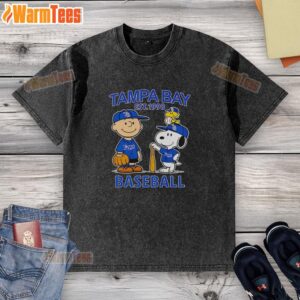 Alt Text: Charlie Brown, Snoopy, and Woodstock on a Tampa Bay Rays baseball jersey t-shirt, established 1998, casual style.