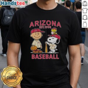 Alt Text: Cute Charlie Brown, Snoopy, and Woodstock wearing Arizona Diamondbacks baseball jersey t-shirt, established 1998.