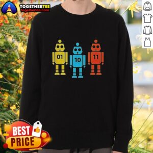 Alt Text: Awesome Christian Hubicki wearing a robot sweatshirt, showcasing a unique design and vibrant colors.