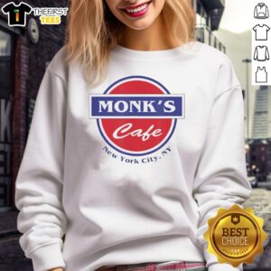 Top Monks Cafe in New York City NY logo sweatshirt featuring a stylish design for coffee lovers and fashion enthusiasts.