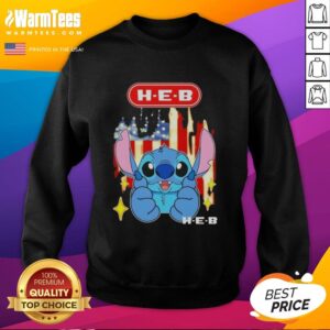 Alt Text: Cute Stitch-like H-E-B USA flag sweatshirt featuring vibrant colors and cozy design, perfect for casual wear.