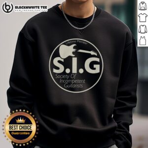 Alt Text: Cozy 'Nice Society of Incompetent Guitarists' sweatshirt featuring a humorous graphic design for music lovers.