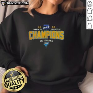 Official NCAA Liu Sharks 2026 Northeast Conference Tournament Champions Sweatshirt in navy blue with logo design.