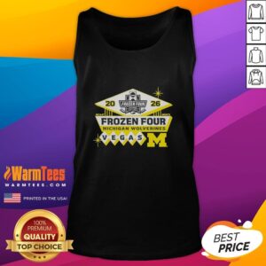 Alt Text: Men's Ice Hockey Frozen Four Bound Michigan Wolverines tank top for 2026, featuring team colors and logo.