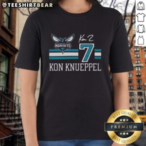 Alt Text: Top Hornets Kon Knueppel Signature Jersey Ladies Tee featuring vibrant colors and stylish design for female fans.