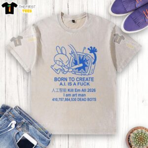 Alt Text: Pretty 'Born to Create' Anti-AI art t-shirt featuring the slogan 'I am Art, Man, No AI!' in vibrant colors.