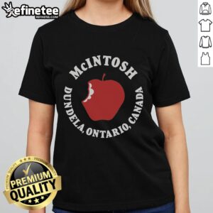 Alt Text: Premium McIntosh Apple from Dundela, Ontario, Canada, featured on a stylish ladies' tee design.