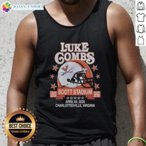 Hot Virginia Cavaliers helmet worn by Luke Combs at Scott Stadium, Charlottesville, April 4, 2026, featured on tank top.