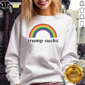 Alt Text: Colorful 'Official Trump Sucks Rainbow Funny Sweatshirt' featuring vibrant graphics and a humorous design.
